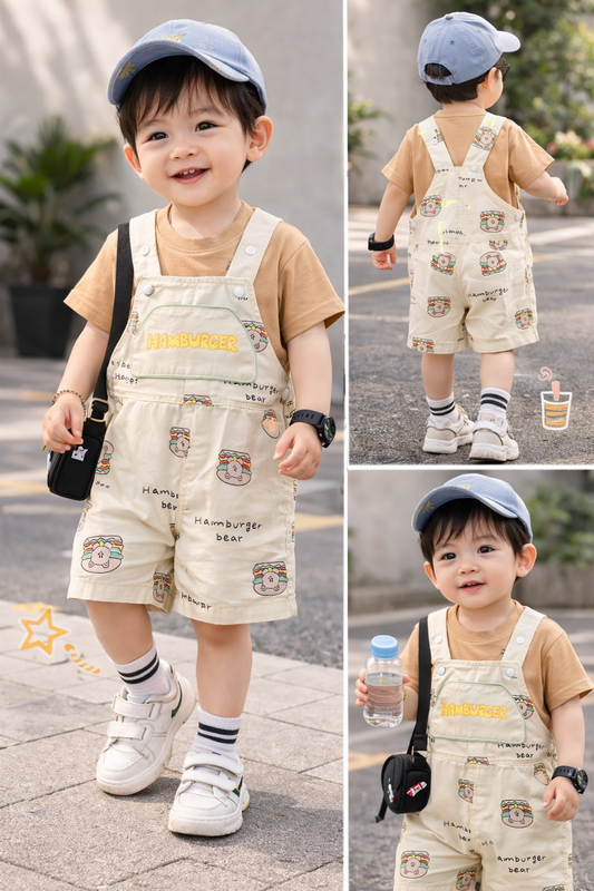 Hamburger Bear Dungaree Set with Plain T-Shirt