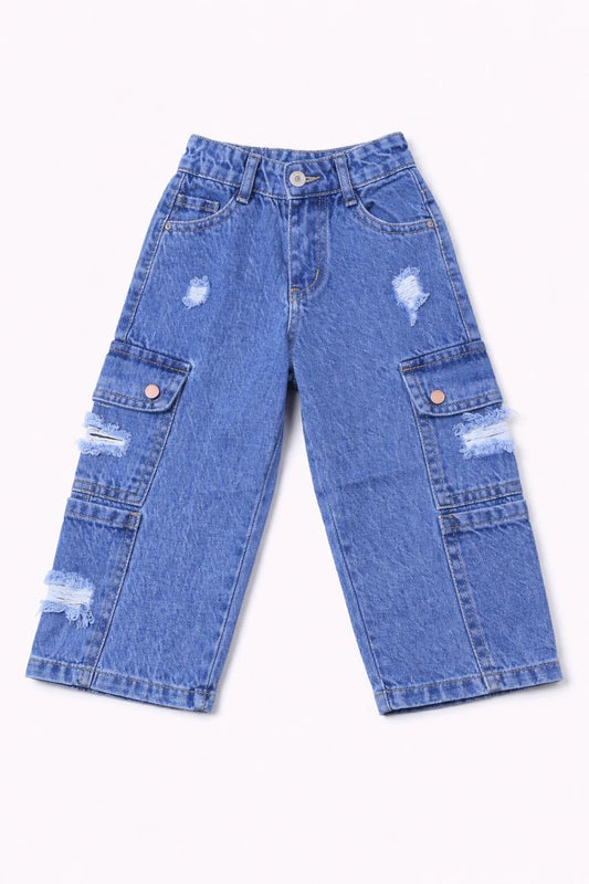 Kids Light Blue Distressed Denim Cargo Jeans