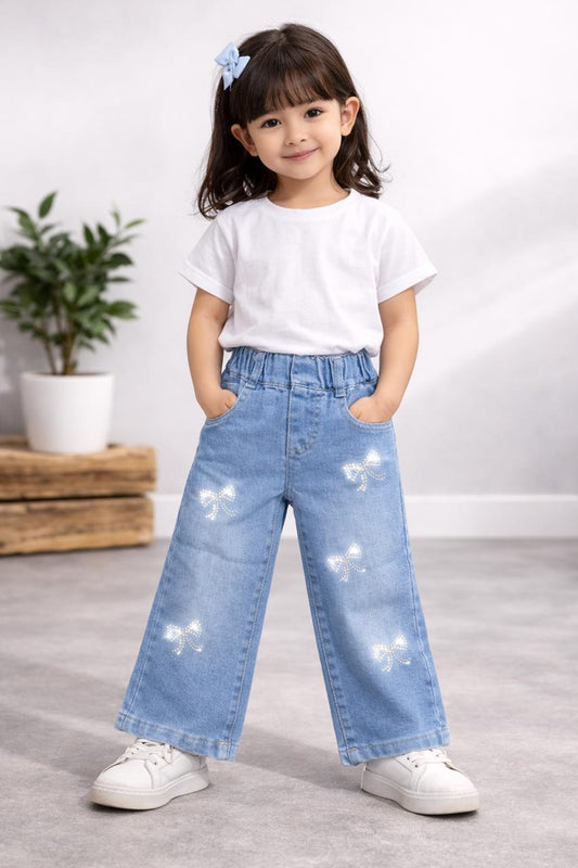 Girls Light Blue Bow Embellished Denim Jeans