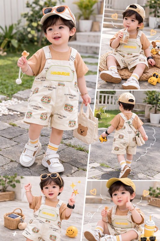 Hamburger Bear Dungaree Set with Plain T-Shirt