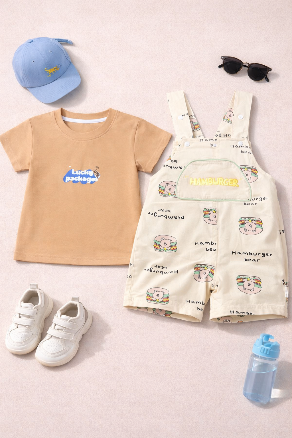 Hamburger Bear Dungaree Set with Plain T-Shirt