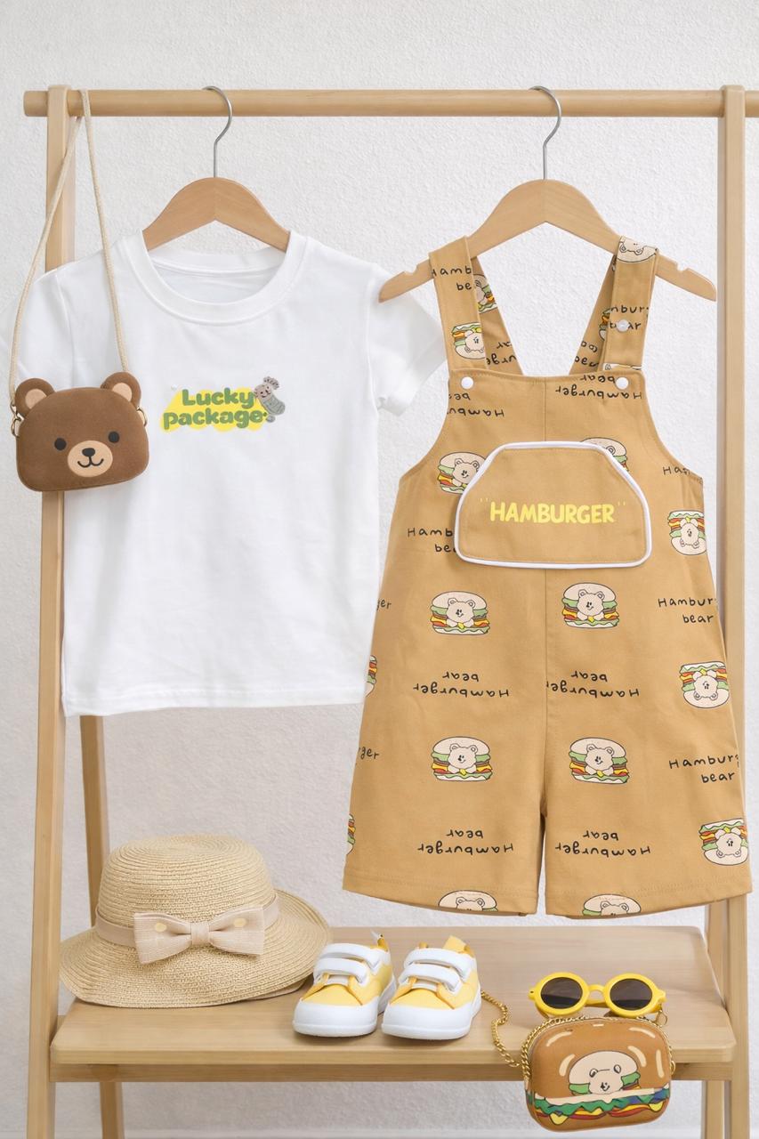 Hamburger Bear Dungaree Set with Plain T-Shirt