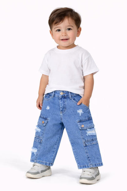 Kids Light Blue Distressed Denim Cargo Jeans