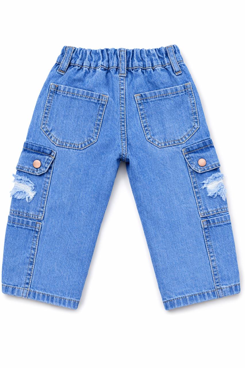 Kids Light Blue Distressed Denim Cargo Jeans