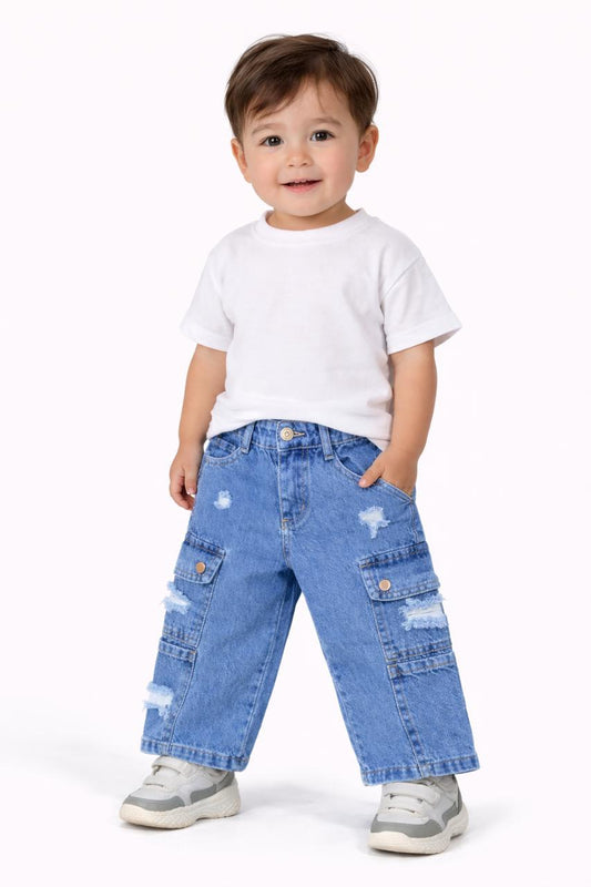 Kids Light Blue Distressed Denim Cargo Jeans