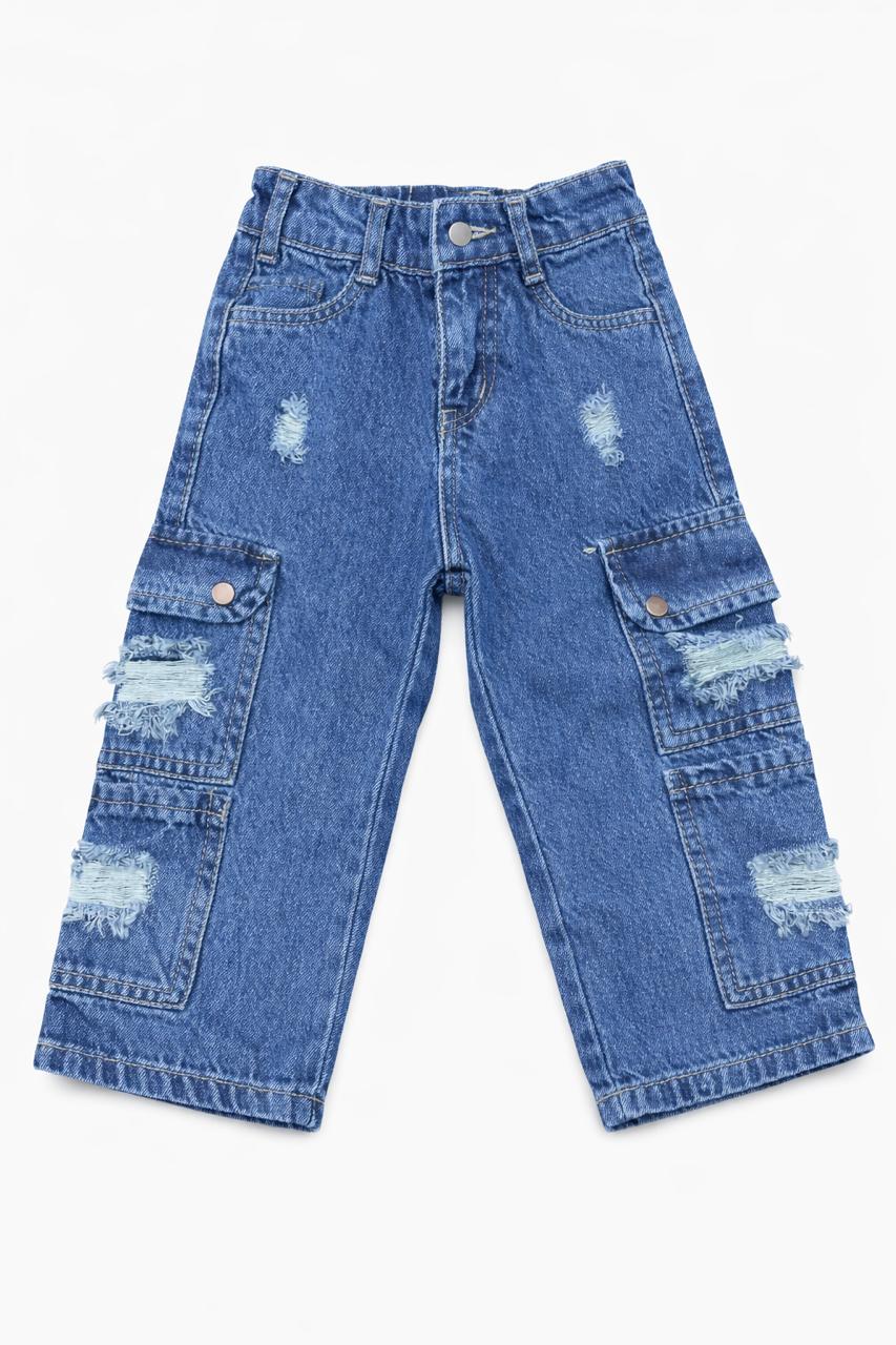 Kids Light Blue Distressed Denim Cargo Jeans