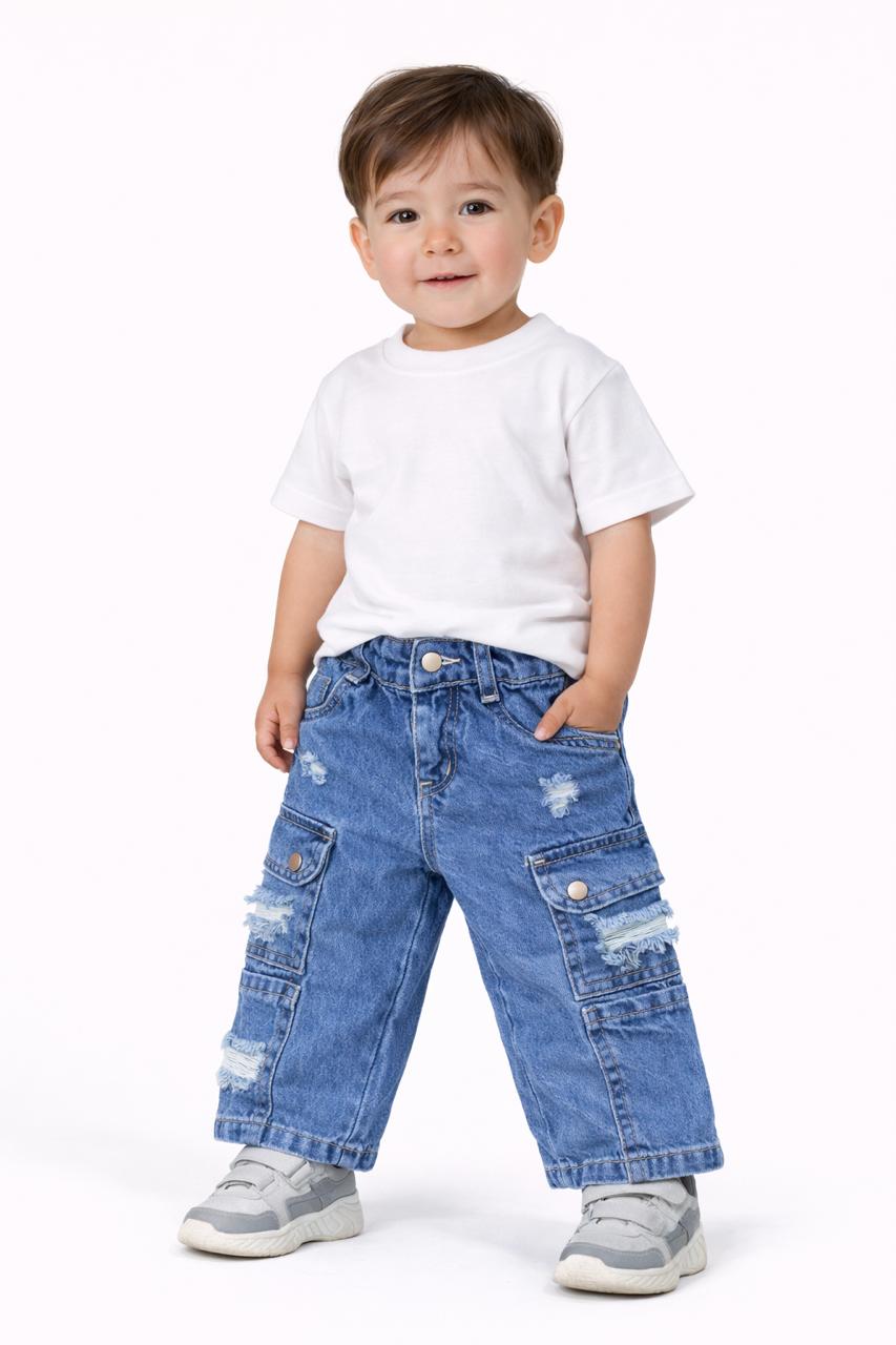 Kids Light Blue Distressed Denim Cargo Jeans